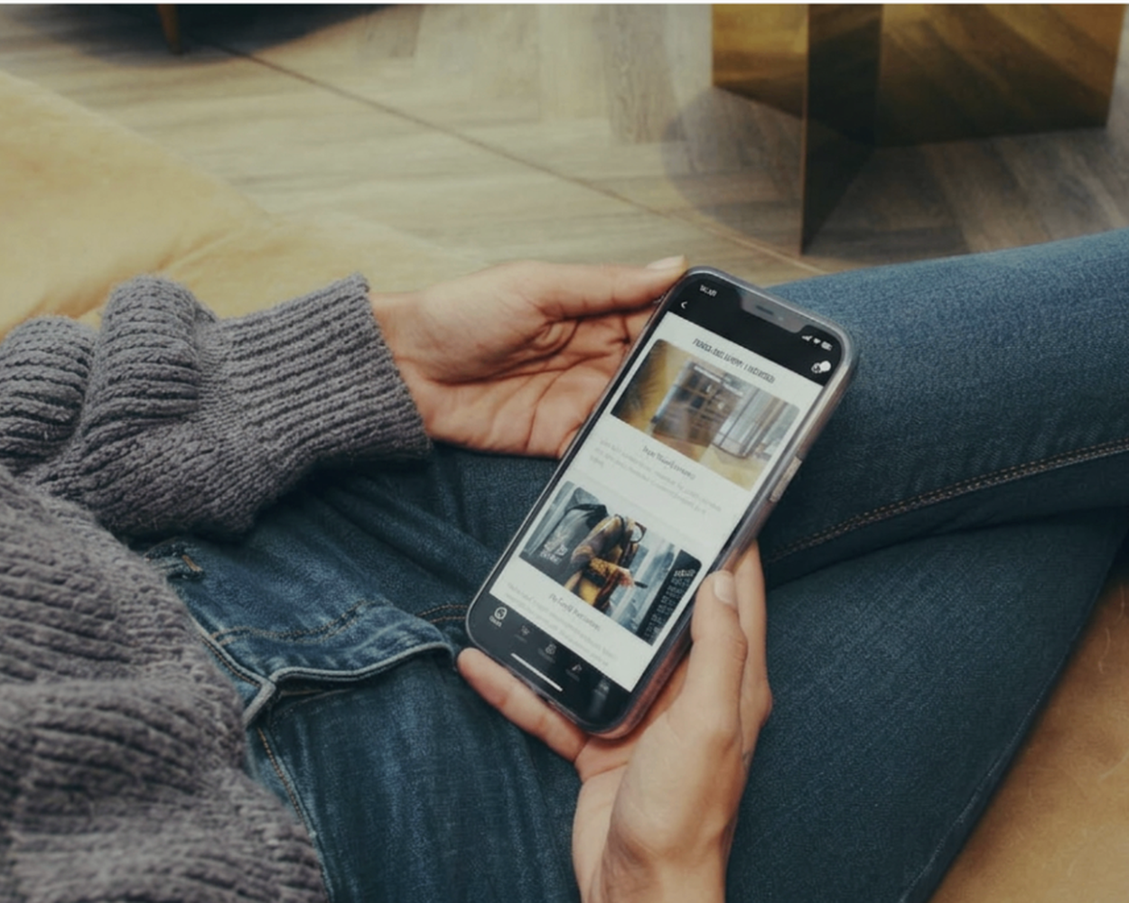 Close-up of a resident browsing the Ping branded app